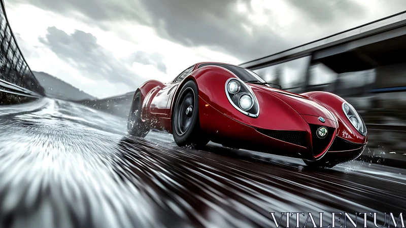 Sleek red sports car slices through rain on a wet racetrack