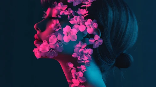 Neon floral profile merges portrait and glowing blossoms.