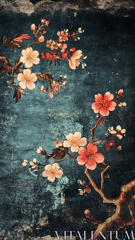 Weathered cherry blossoms glow softly against teal patina