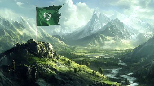 Emerald banner crowns a vast, mistlit fantasy mountain realm