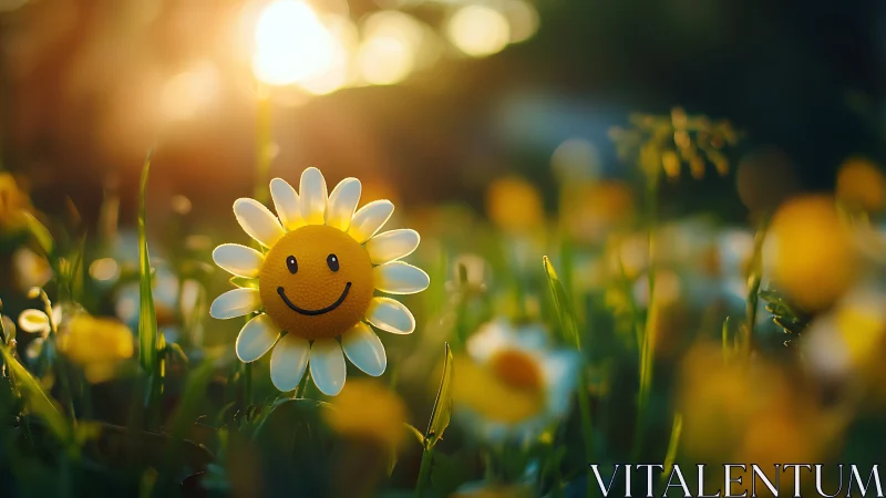 Anthropomorphic Daisy with Smiley Expression in Golden Hour Field.