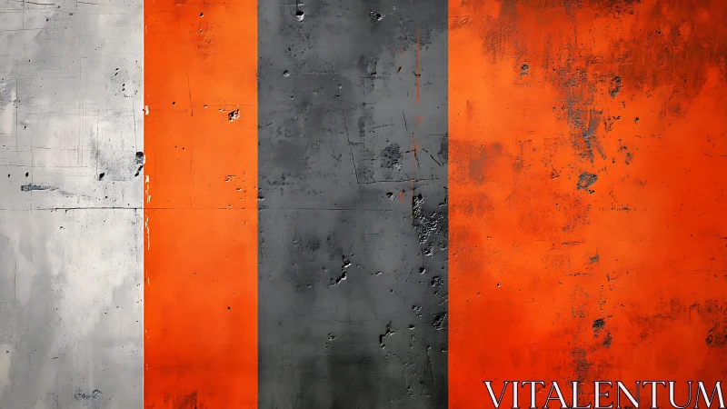 Industrial abstract painting with orange, gray, and white stripes.