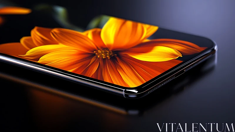 Bloom-lit smartphone altar where glass courts a golden flower.
