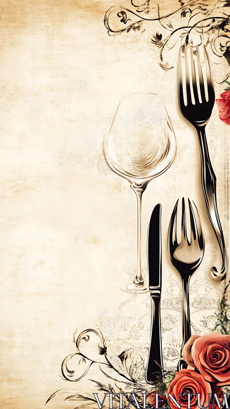 Cutlery, wine glass and roses on vintage beige background.