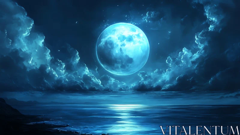 Moonlit ocean sky glows softly in deep blue night magic