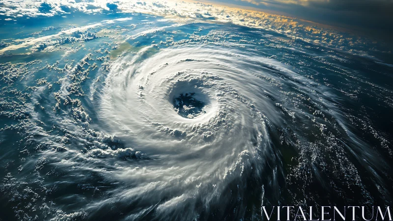 Satellite hurricane eye swirls above turbulent blue ocean.