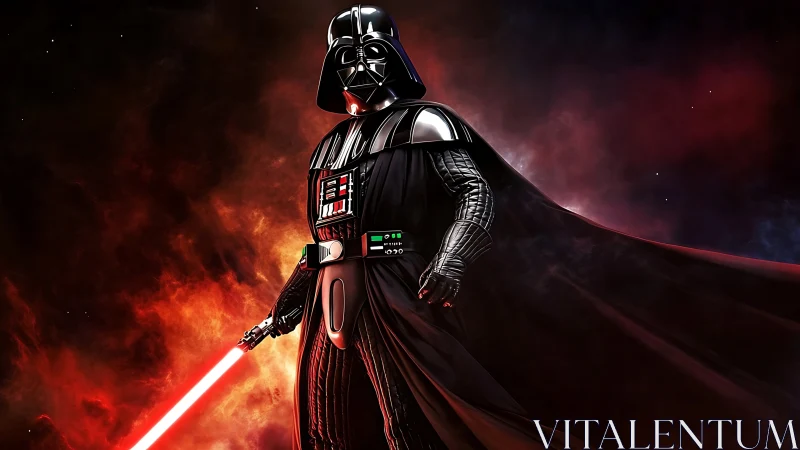 Armored dark warrior with red energy sword on burning nebula