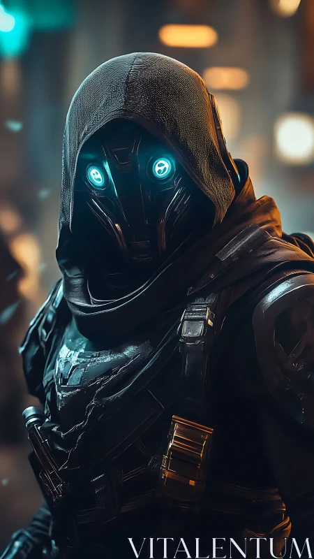 Hooded cybernetic sentry with luminous ocular interface in alley