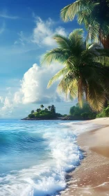 Tropical beach scene with palm trees and offshore island formation.
