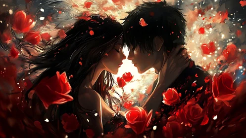 Two figures in profile face each other amid abundant red rose compositions