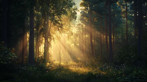 Enchanted Forest Bathed in Golden Sunlight and Mist