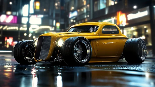 Midnight streets turn molten beneath this golden hot rod