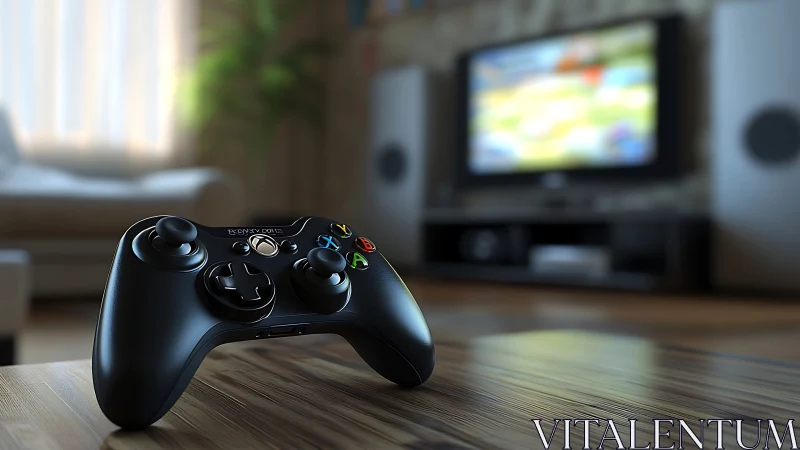 Xbox Controller Positioned on Wooden Surface with Gaming Display