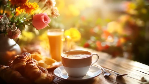 Sunny garden breakfast with coffee, flowers, and pastry joy.