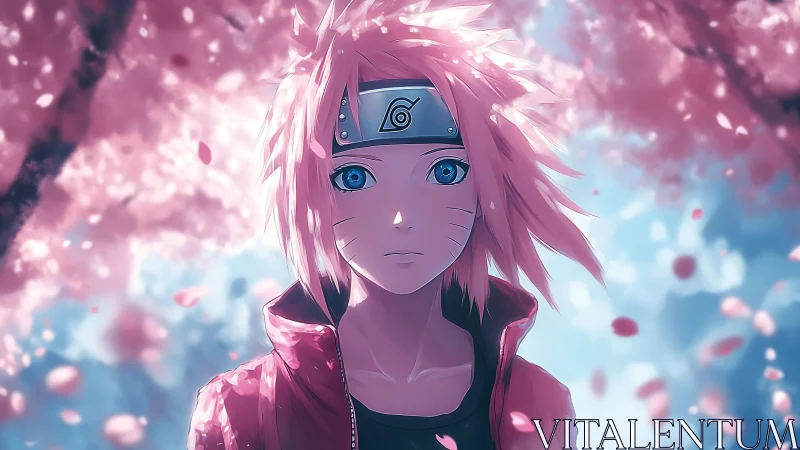 Soft blue gaze meets swirling cherry blossom dreams