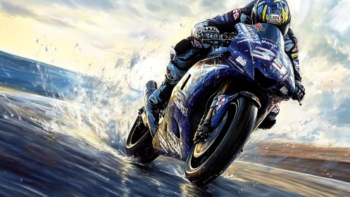 Motorcycle racer carves wet coastal track in vivid motion.