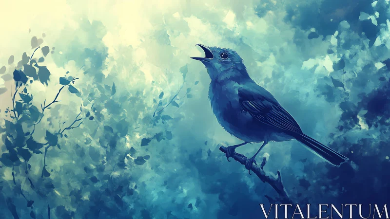 Solitary songbird perched on branch with watercolor atmospheric depth layering.