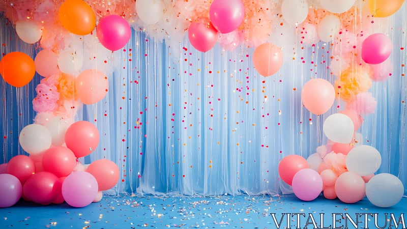 Vibrant Balloon Backdrop with Beaded Fringe and Confetti Display.