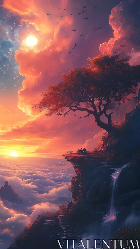 Bifrontal celestial sunset over cloud sea and cliffside tree