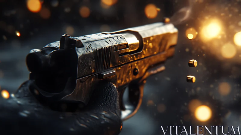 Gleaming handgun erupts in sparks and drifting brass casings.