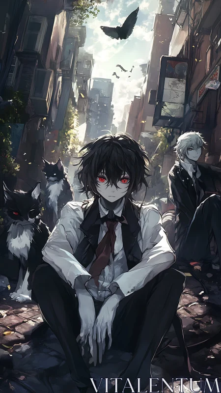 Red-eyed urban sitters with spectral cats in derelict alley.