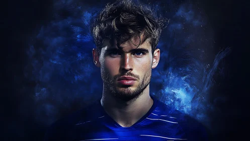 Spectral portrait of focused footballer in blue vapor halo.