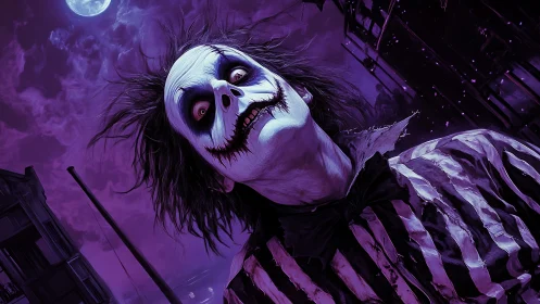 Grim clown figure under moonlit purple urban sky.