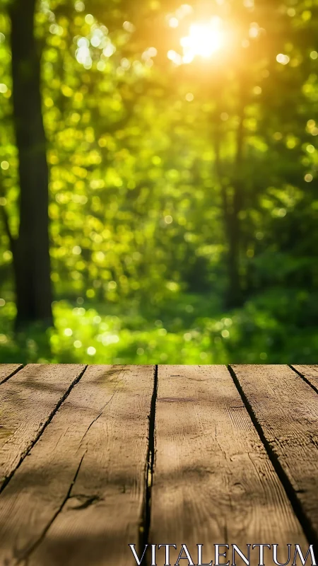 Wooden Platform Foreground with Defocused Forest Bokeh Perspective