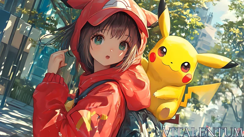 Anime street portrait with vivid companion character rendering.