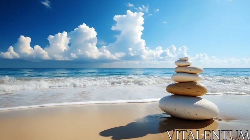 Balanced stone cairn rests serenely on a sunlit ocean shore