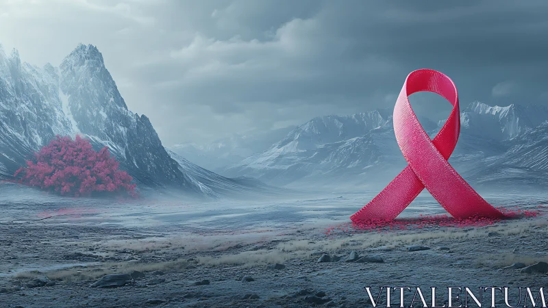 Pink awareness ribbon sculpture in frozen mountain valley.