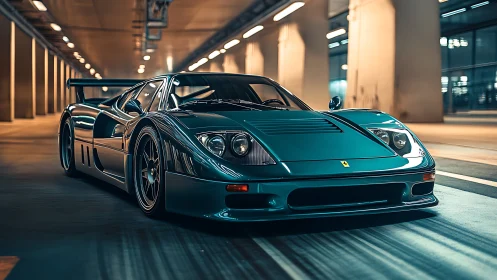 Low-slung teal supercar with aero kit illuminated in tunnel lighting