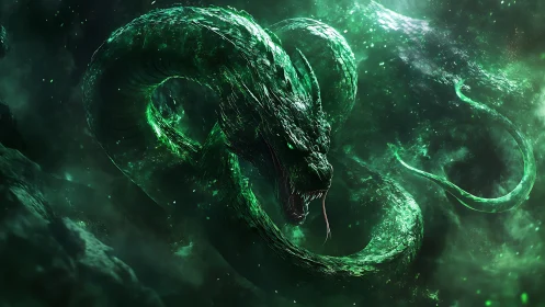Emerald cosmic serpent coils through stormlit nebula depths.