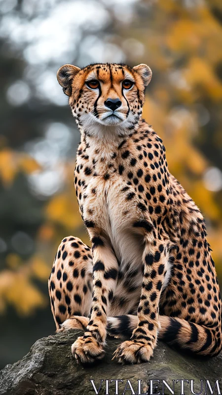 Regal cheetah poised on rock amid soft autumn bokeh.