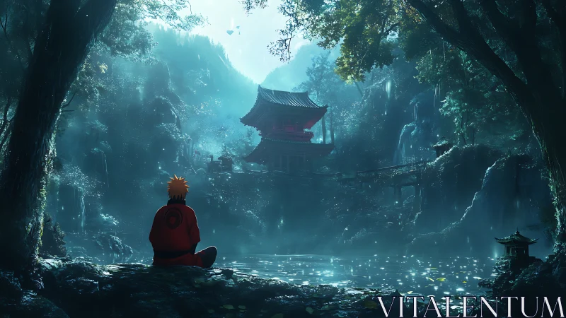 Quiet anime wanderer by a glowing forest temple lake.