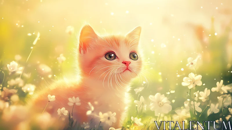 Orange and white cat in field of white flowers with golden hour lighting