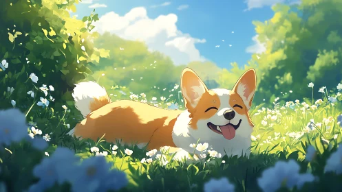 Sunny corgi relaxes in a flower meadow with joyful charm