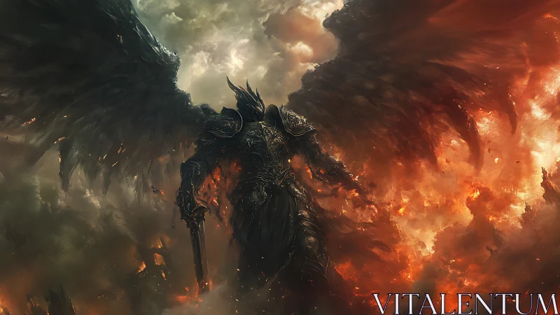 Dark seraph in scorched skies over infernal battlefield.