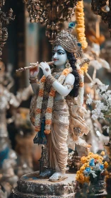 Devotional Krishna statue adorned with florals and gilt finery.