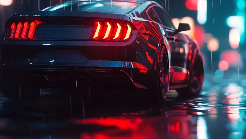 Sleek sports car glowing softly in a rainy neon city night.