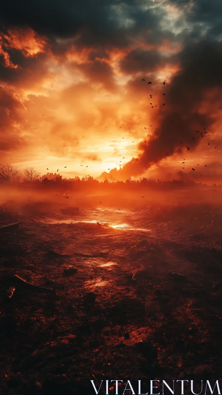 Apocalyptic Landscape with Fiery Sky and Silhouetted Birds.