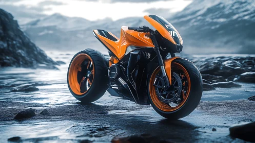 Neon storm bike hums quietly against frozen mountain silence