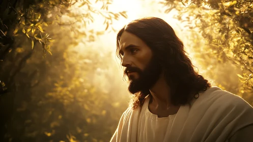 Serene robed figure walks through golden sunlit garden.