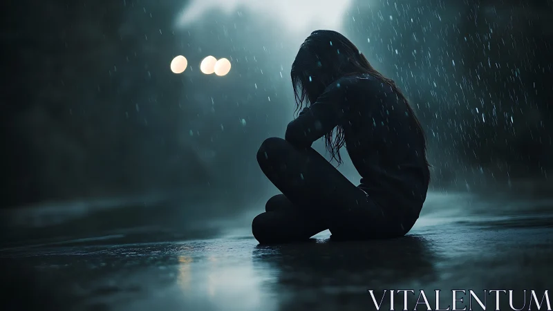 Solitary figure seated in rain on reflective night roadway.