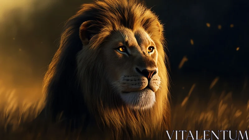 Sunlit lion king brooding in embers of the fading savanna.