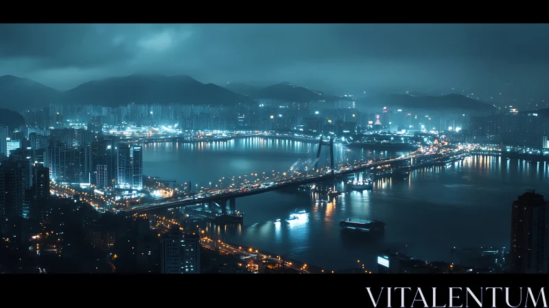 Nocturnal cybernetic harbor skyline rendered in teal luminance