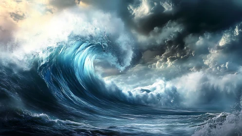 Massive storm wave crashing under dark dramatic sky.