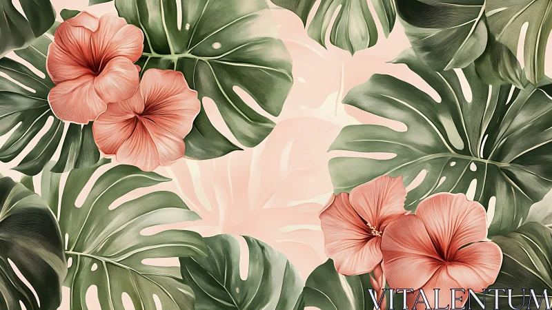 Tropical monstera foliage with coral hibiscus blooms, soft ground