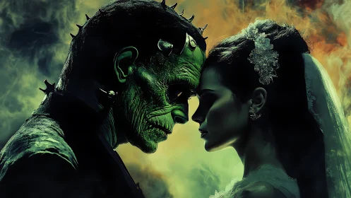 Monstrous groom and bridal silhouette aligned in cinematic profile