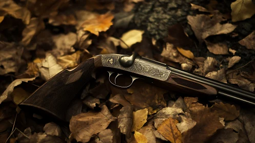 Engraved double-barrel hunting shotgun in autumn leaf litter.
